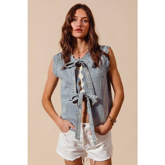 TIE FRONT WASHED DENIM VEST TOP