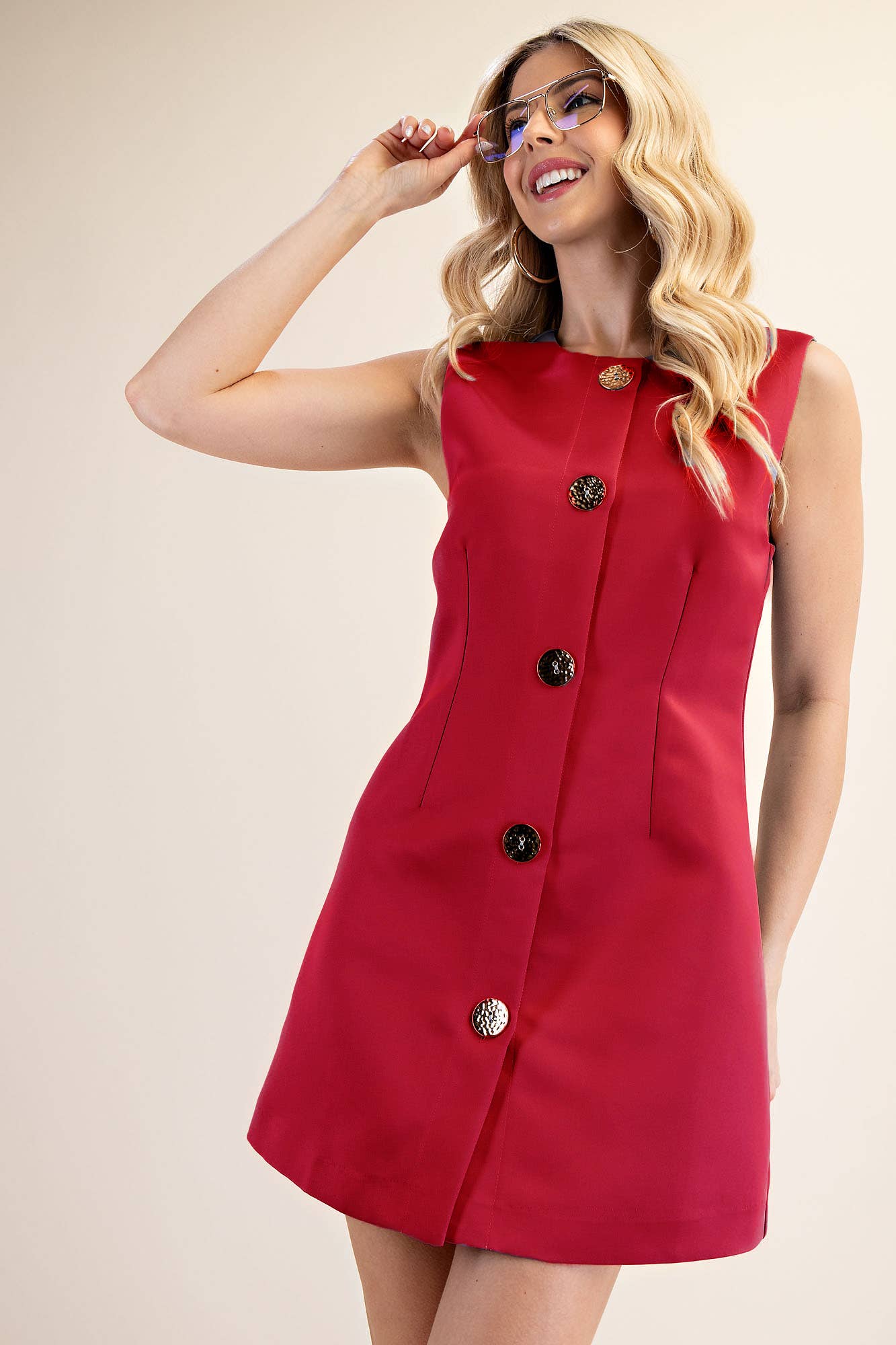 Gold Button Detail Sleeveless Mini Dress