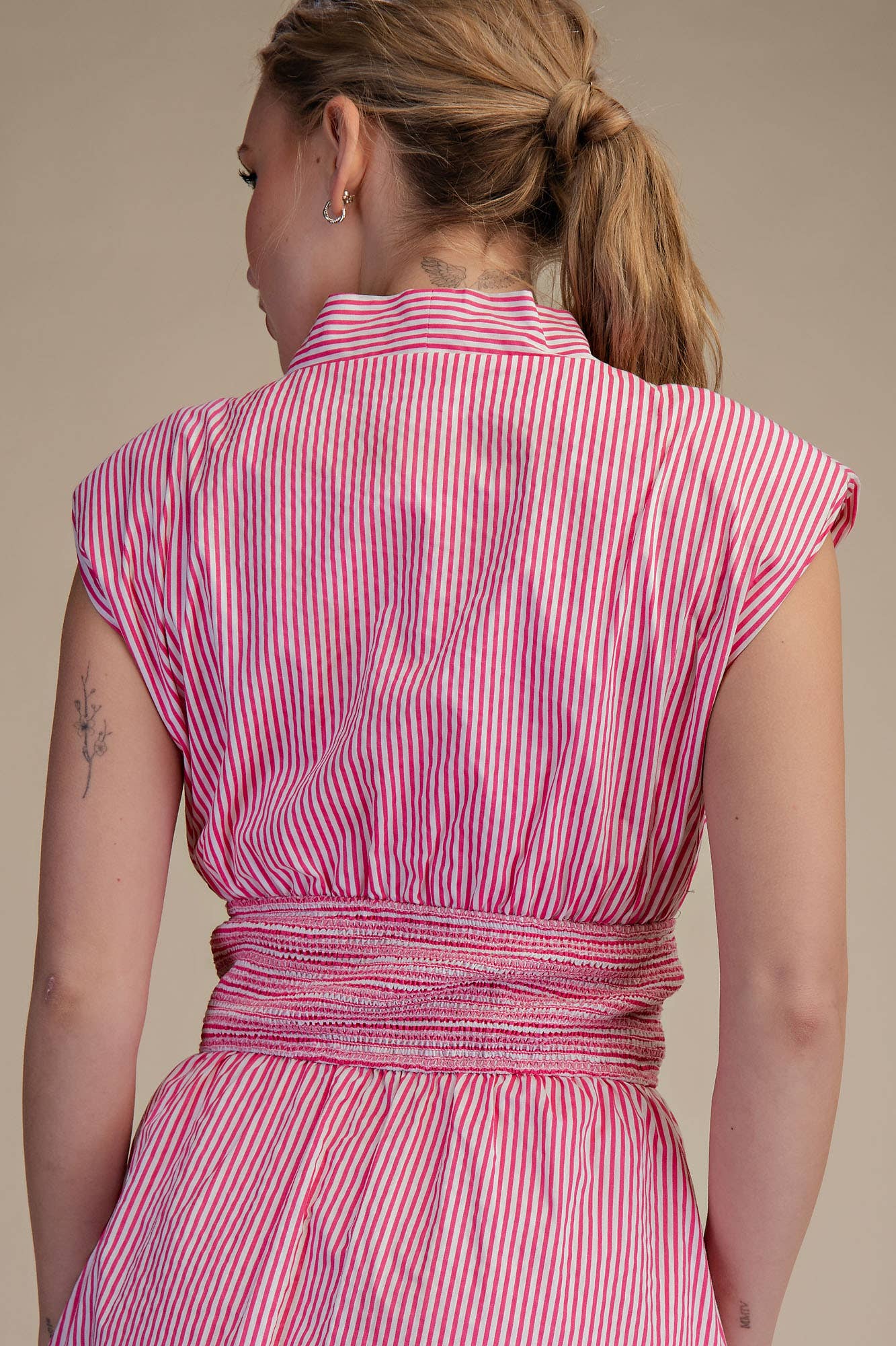 V-Neck Front Zip Waist Smocked Casual Midi Dress