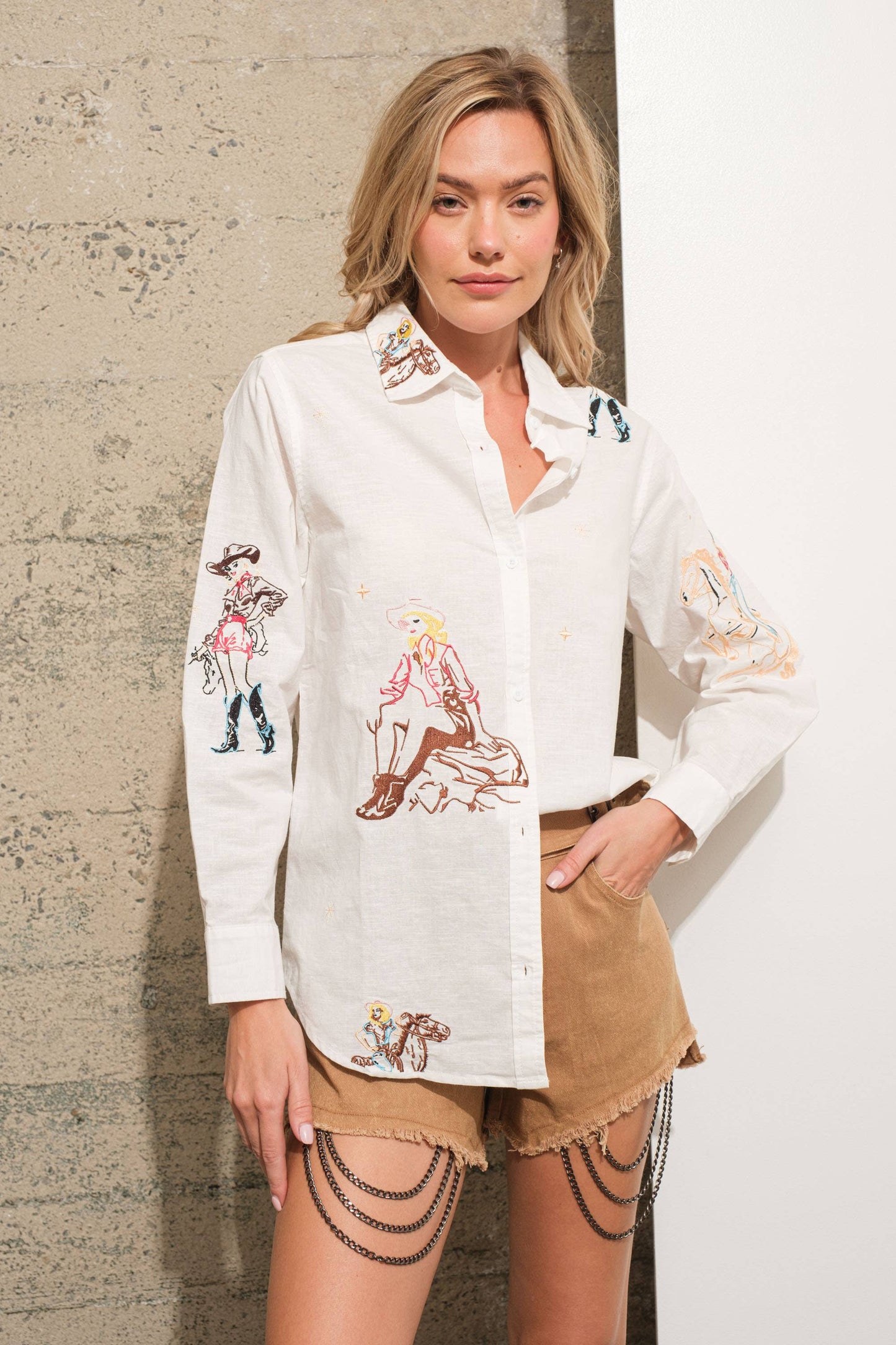 Western Cowgirl Motif Button Up Linen Shirt Blouse