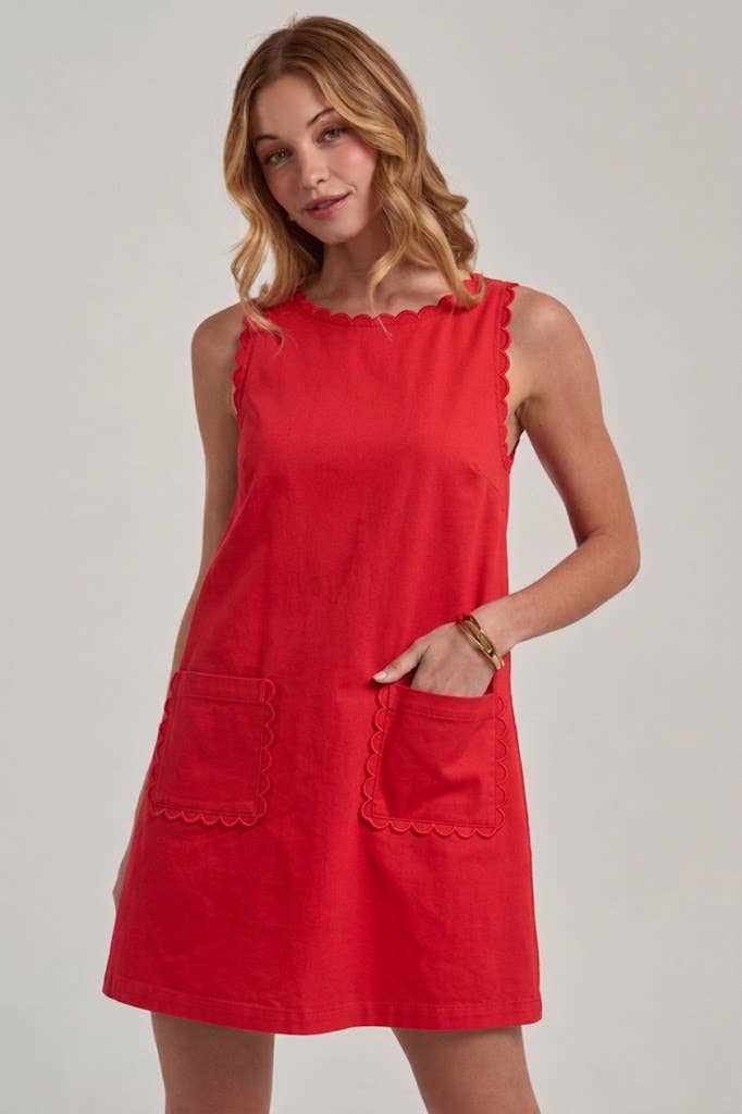 GAME DAY COLOR DENIM MINI DRESS WITH SCALLOPED EMBROIDERY