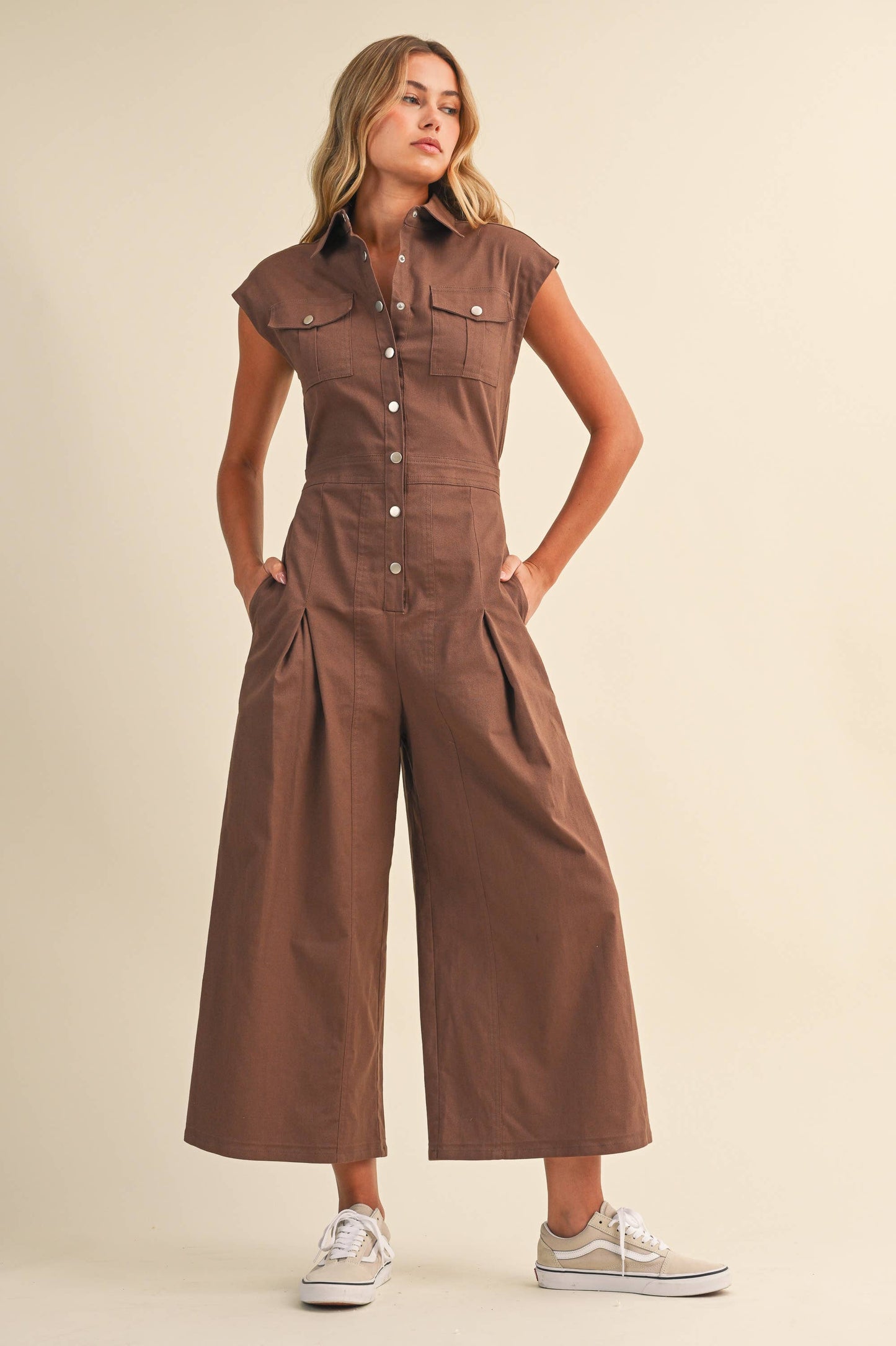 IJP3398 STRETCH COTTON TWILL WIDE LEG CROPPED JUMPSUIT
