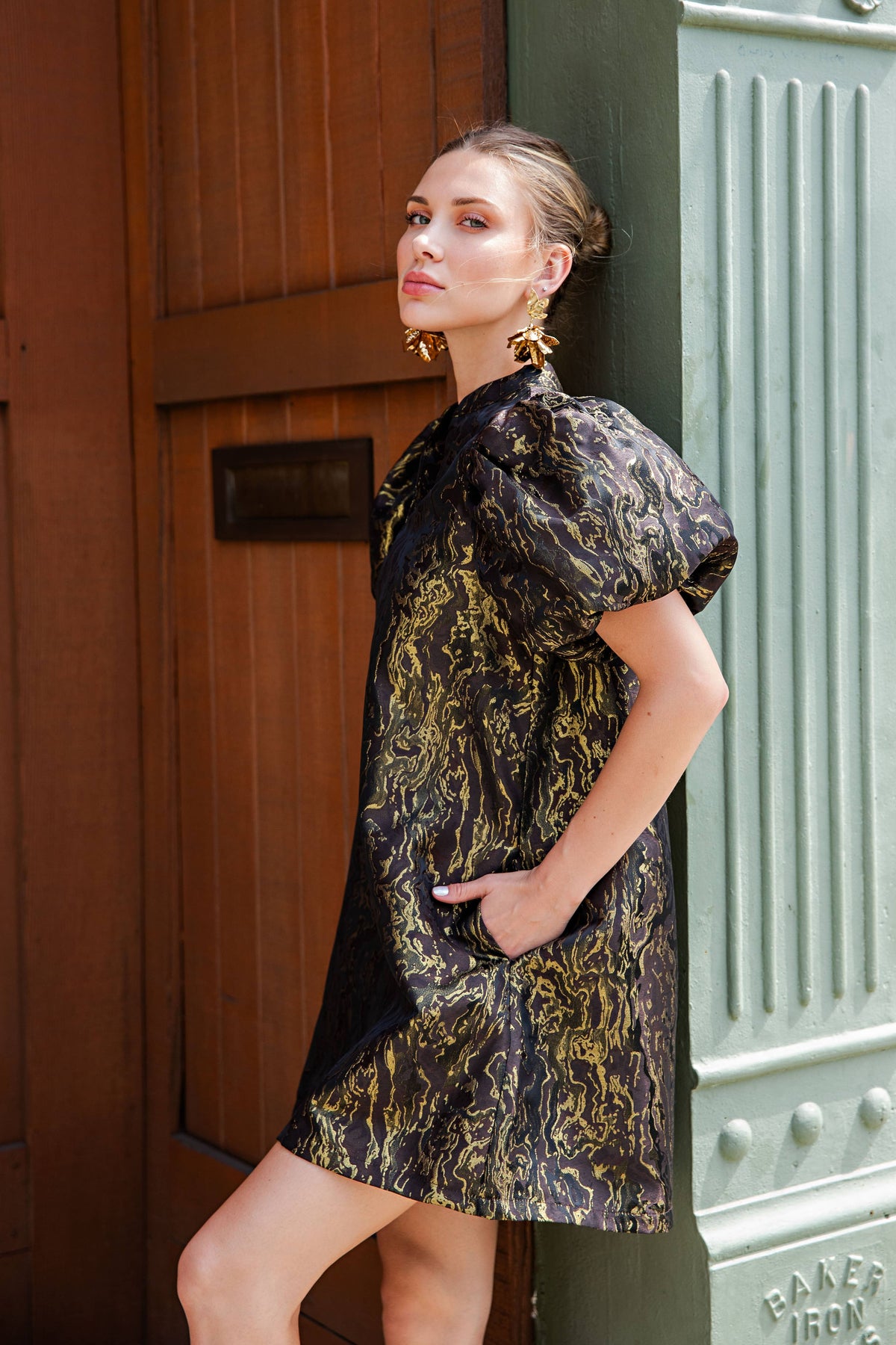Metallic Jacquard Puff Sleeve Mini Holiday Dress