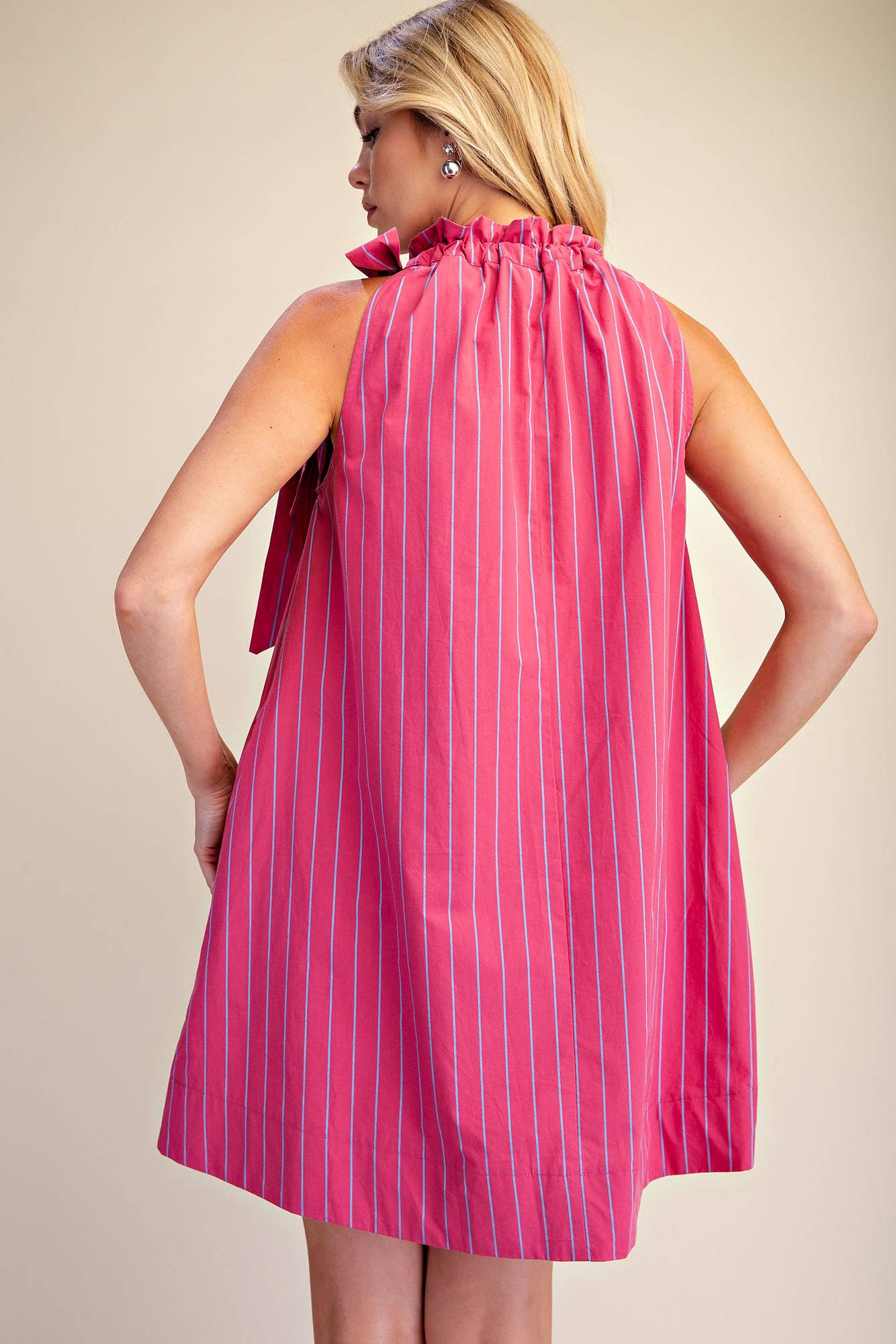 Stripe Mini Dress Ruffle Neck Adjustable Tie Sleeveless