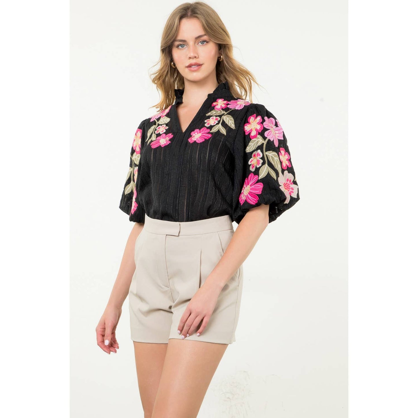 Embroidered Puff Sleeve Textured Top