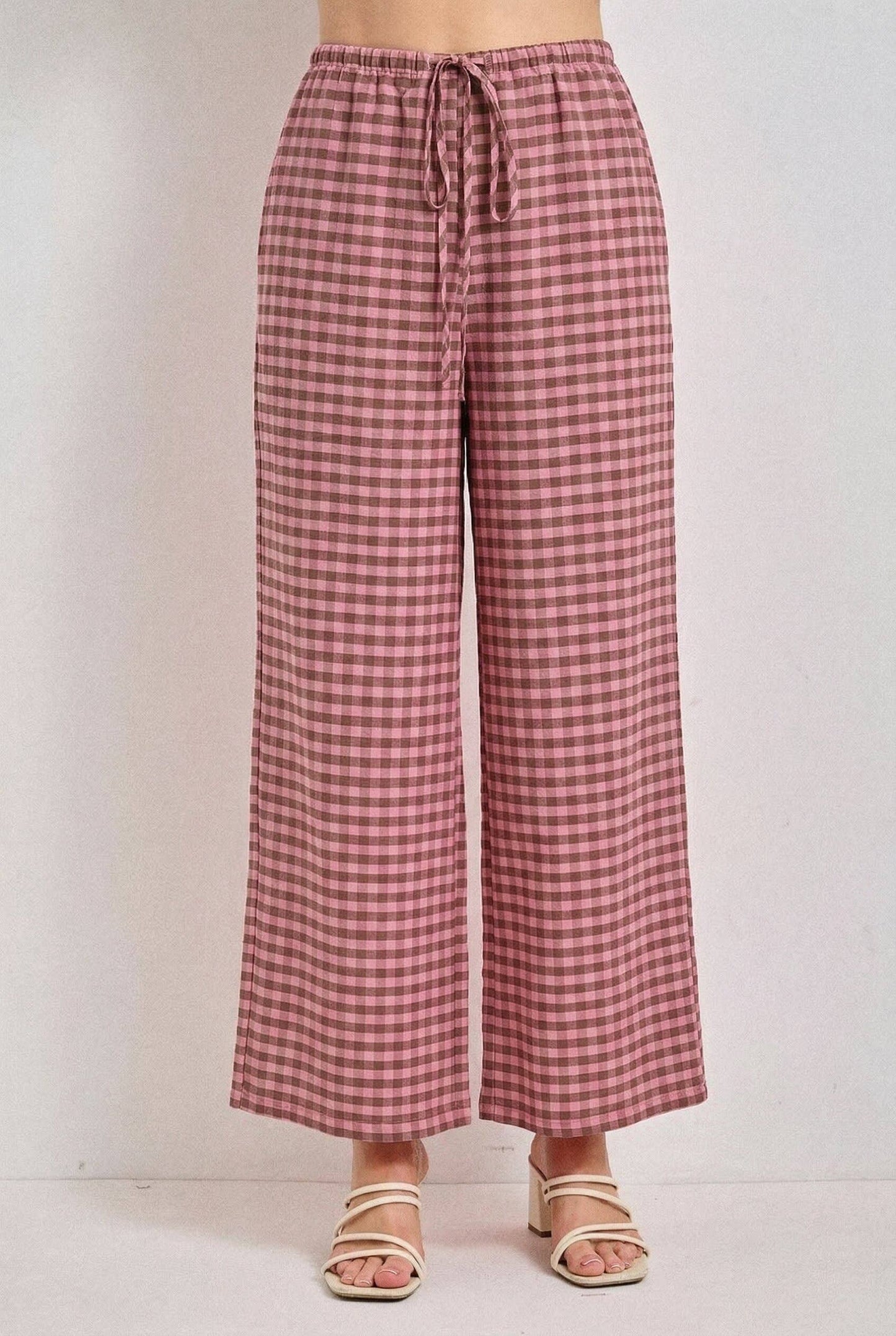 GINGHAM PRINT DRAWSTRING PANTS