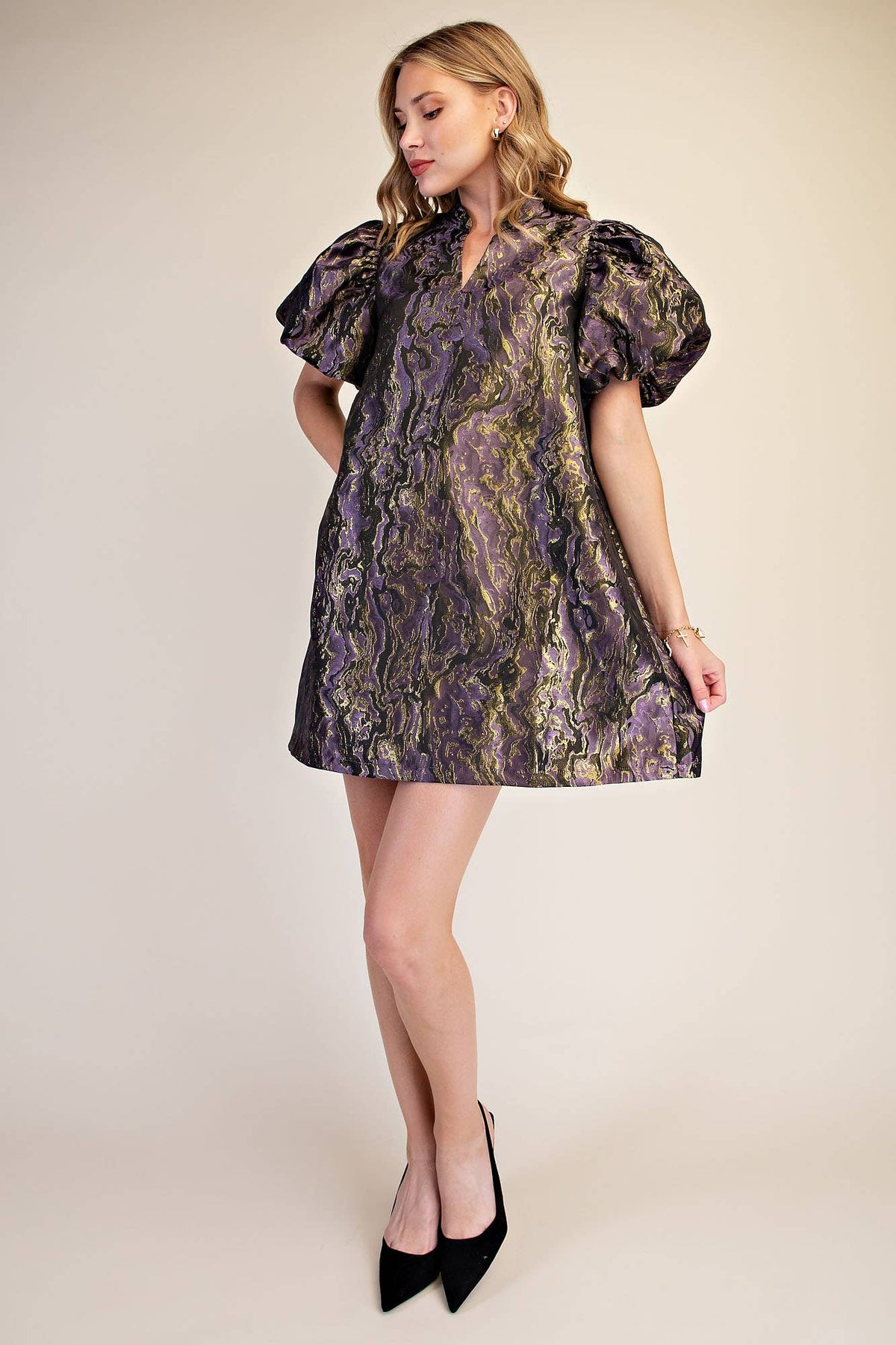Metallic Jacquard Puff Sleeve Mini Holiday Dress