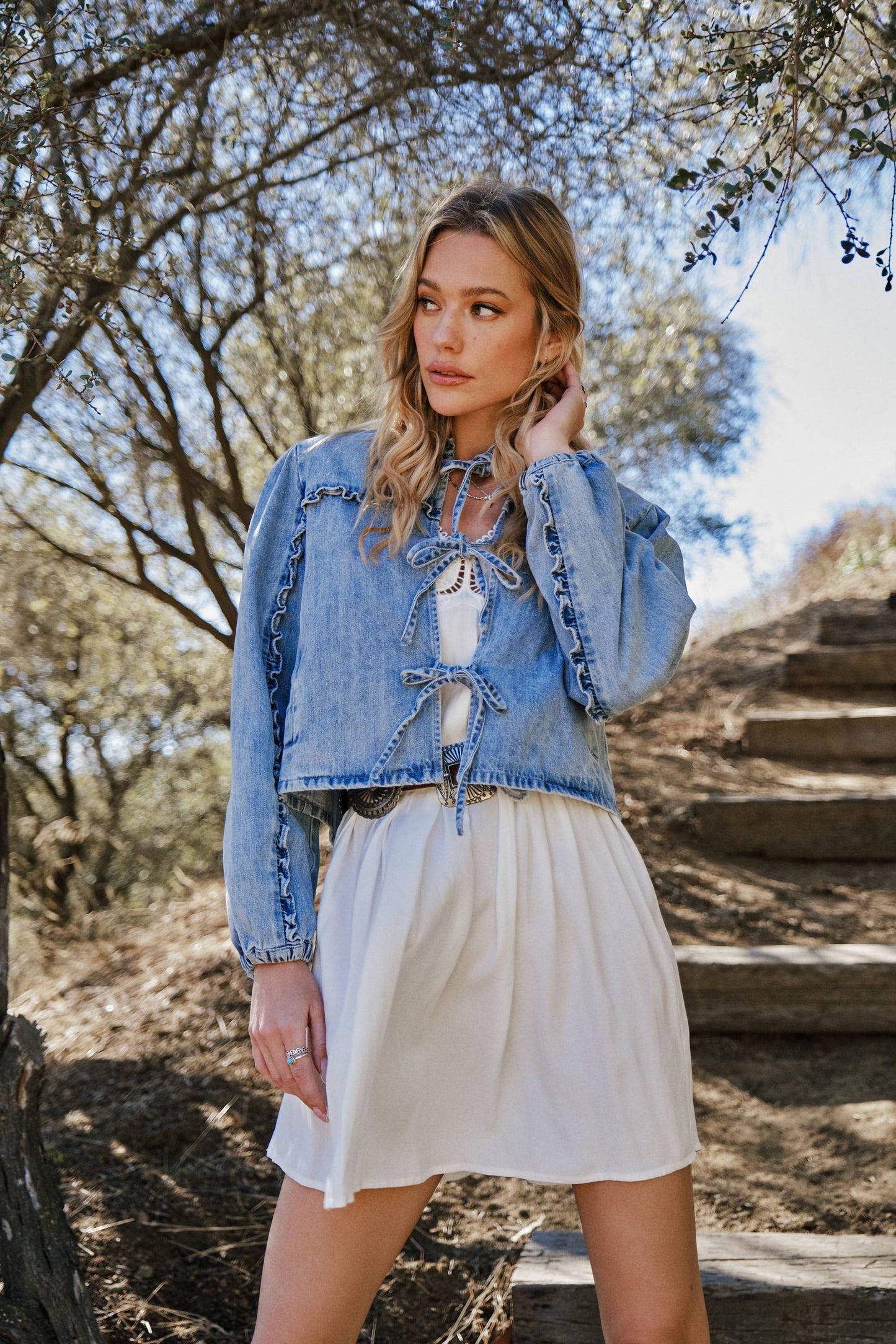 Ruffle Yoke Sleeve Tie Front Denim Jacket