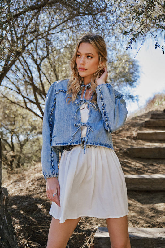 Ruffle Yoke Sleeve Tie Front Denim Jacket