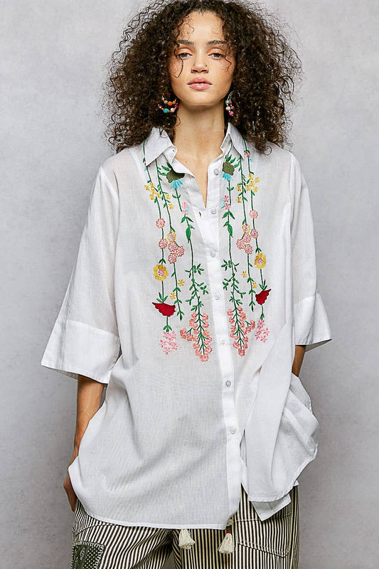 1/2 Sleeve Collared Embroidered Cotton Shirt Woven Top