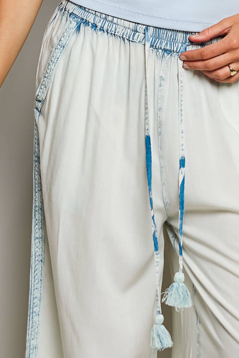 Vintage Washed Embroidered Trim Tassel Wide Leg Pants