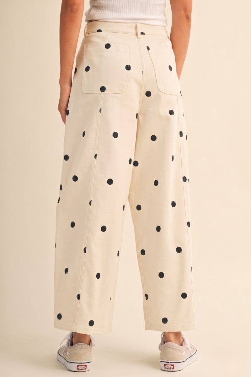IP1390-C  POLKADOT STRETCH TWILL MID WAIST BARREL PANTS