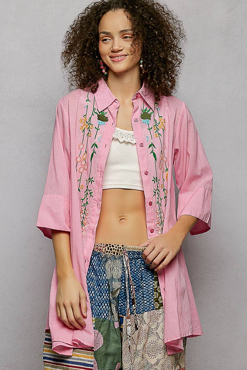 1/2 Sleeve Collared Embroidered Cotton Shirt Woven Top