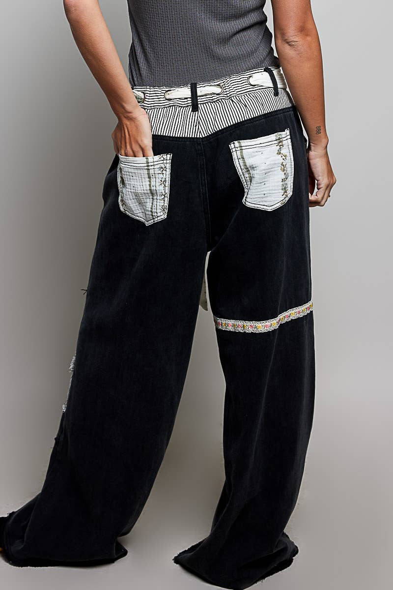 Stripe Patch High Rise Wide Leg Twill Pants