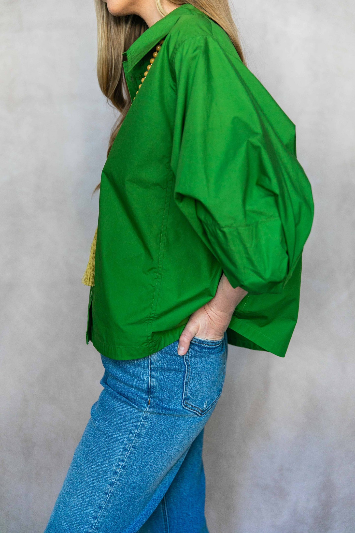 Poplin Bishop Sleeve Button Up Shirt