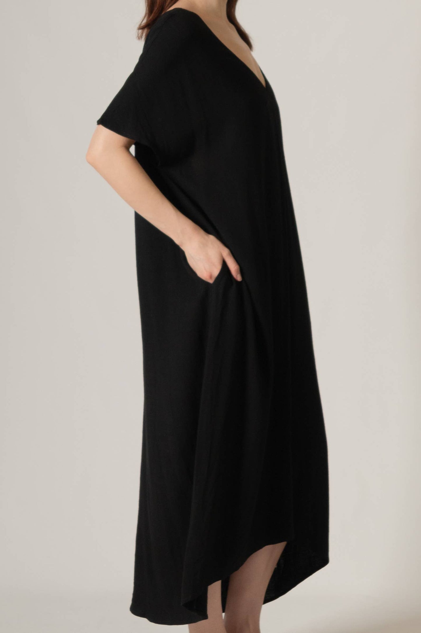 P. CILL Linen Cotton Blend V-Neck Midi Dress