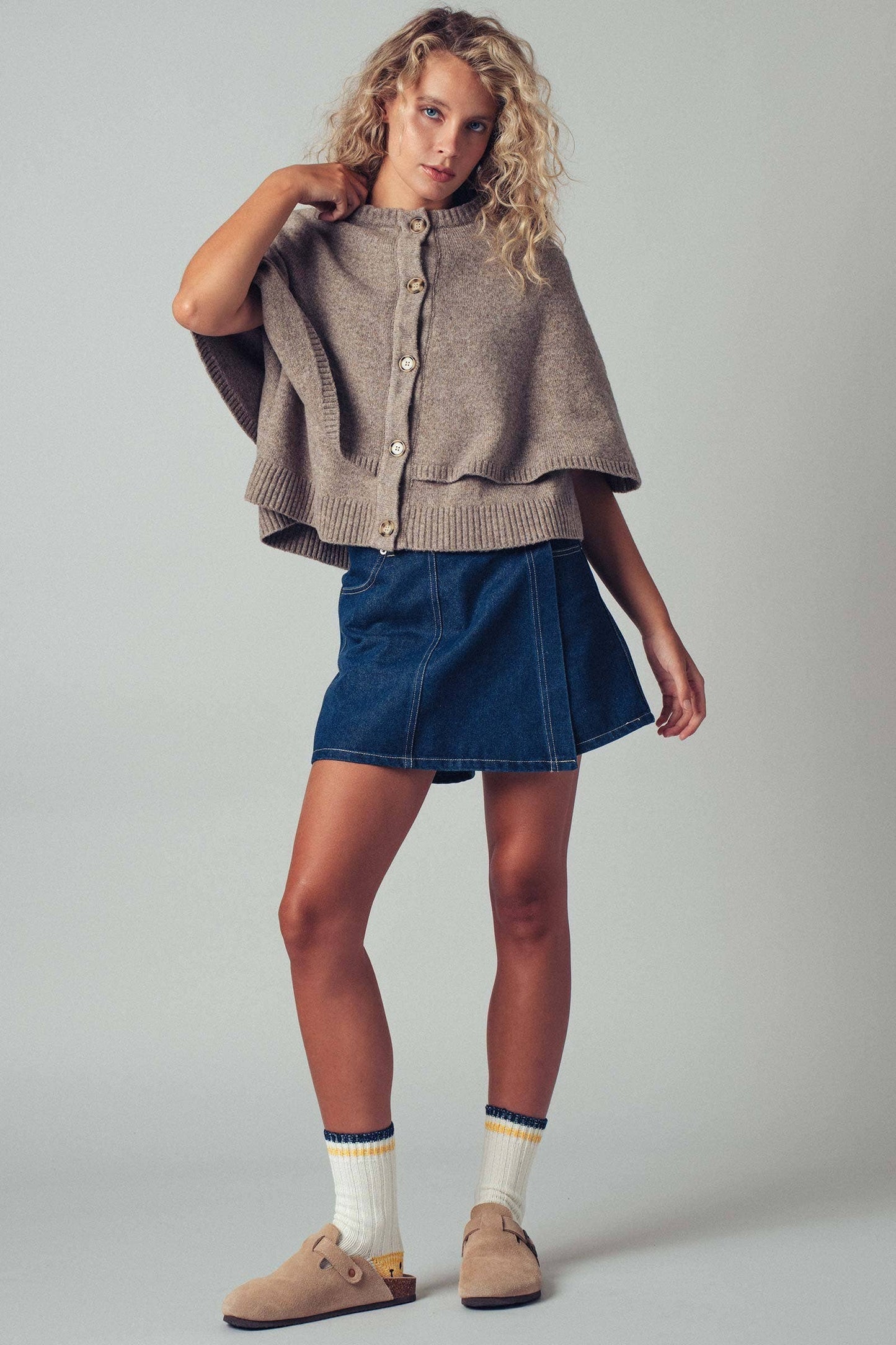 Chic Button-Front Wool Sweater Cape Layer