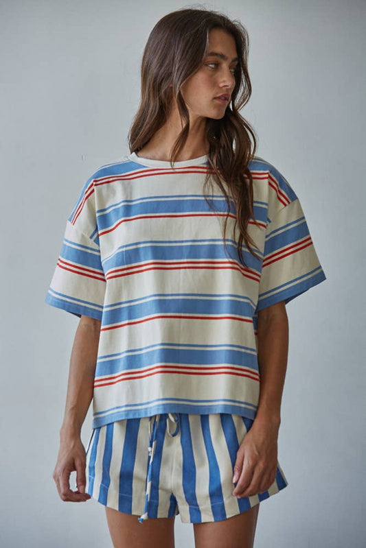L9696 | Knit Cotton Multi Striped Short Sleeve Top