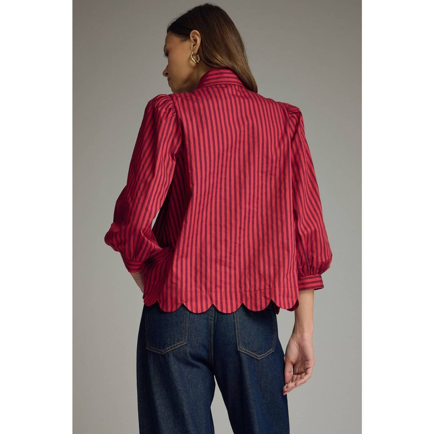 NEW Stripe self-tie neck 3/4 puff sleeve top