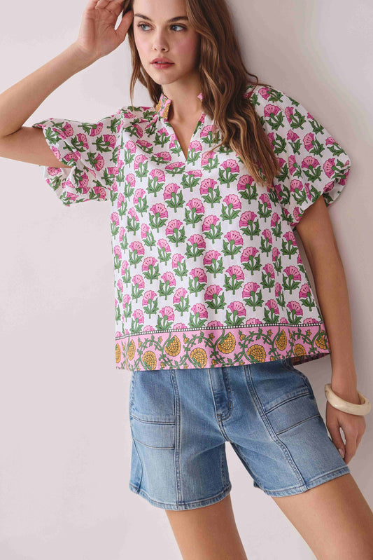 CT9806-Floral Print Bubble Sleeves Split Neckline top