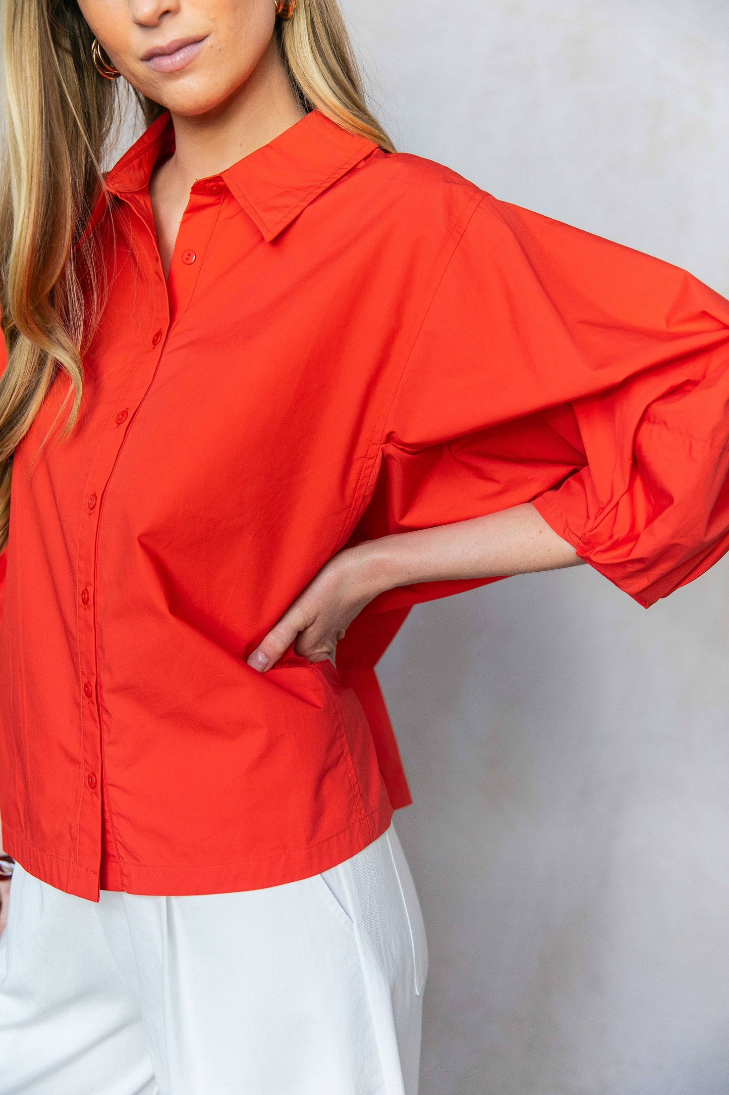 Poplin Bishop Sleeve Button Up Shirt