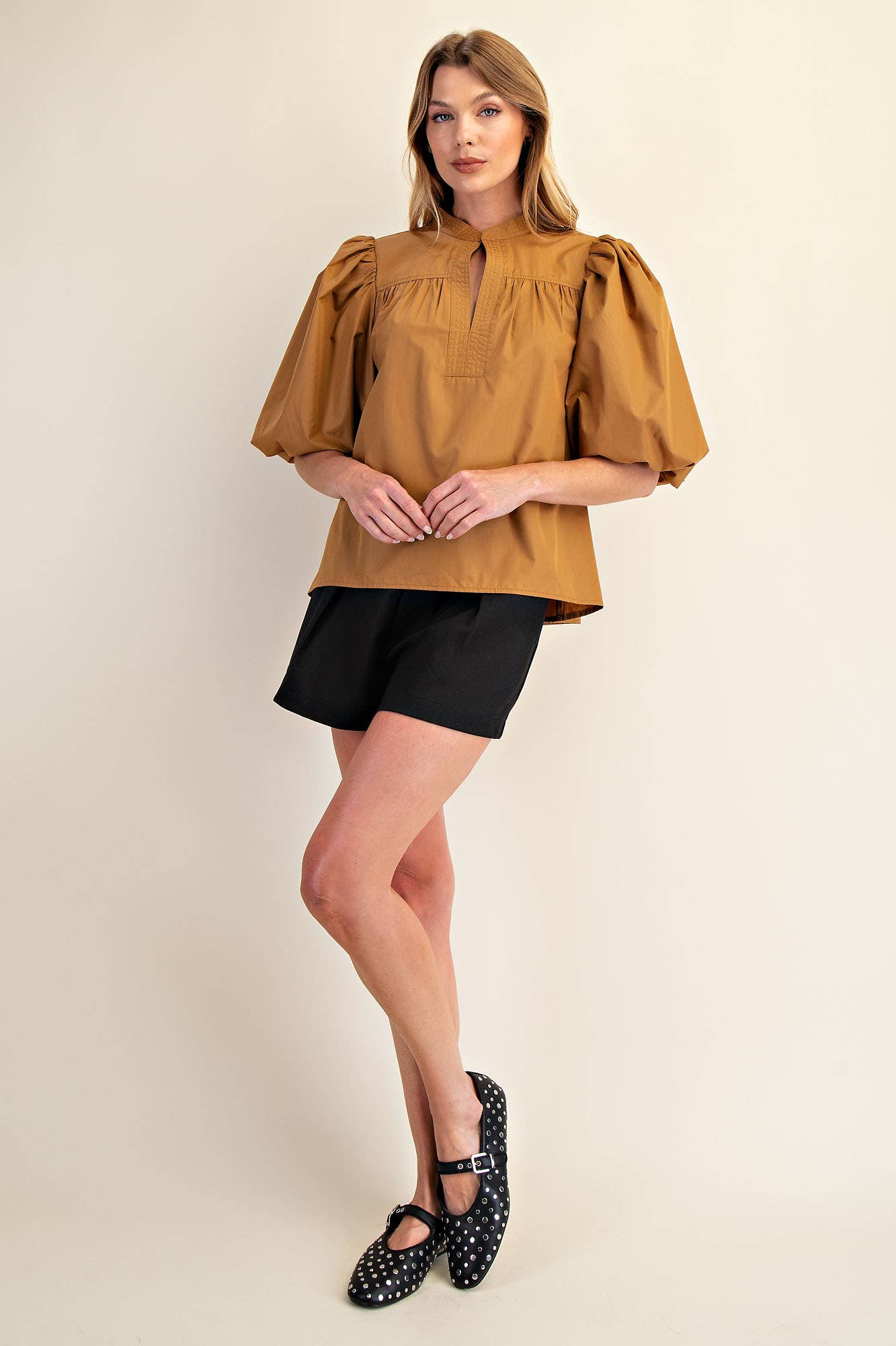 Mandarin Collar V-Neck Bubble Sleeve Poplin Top