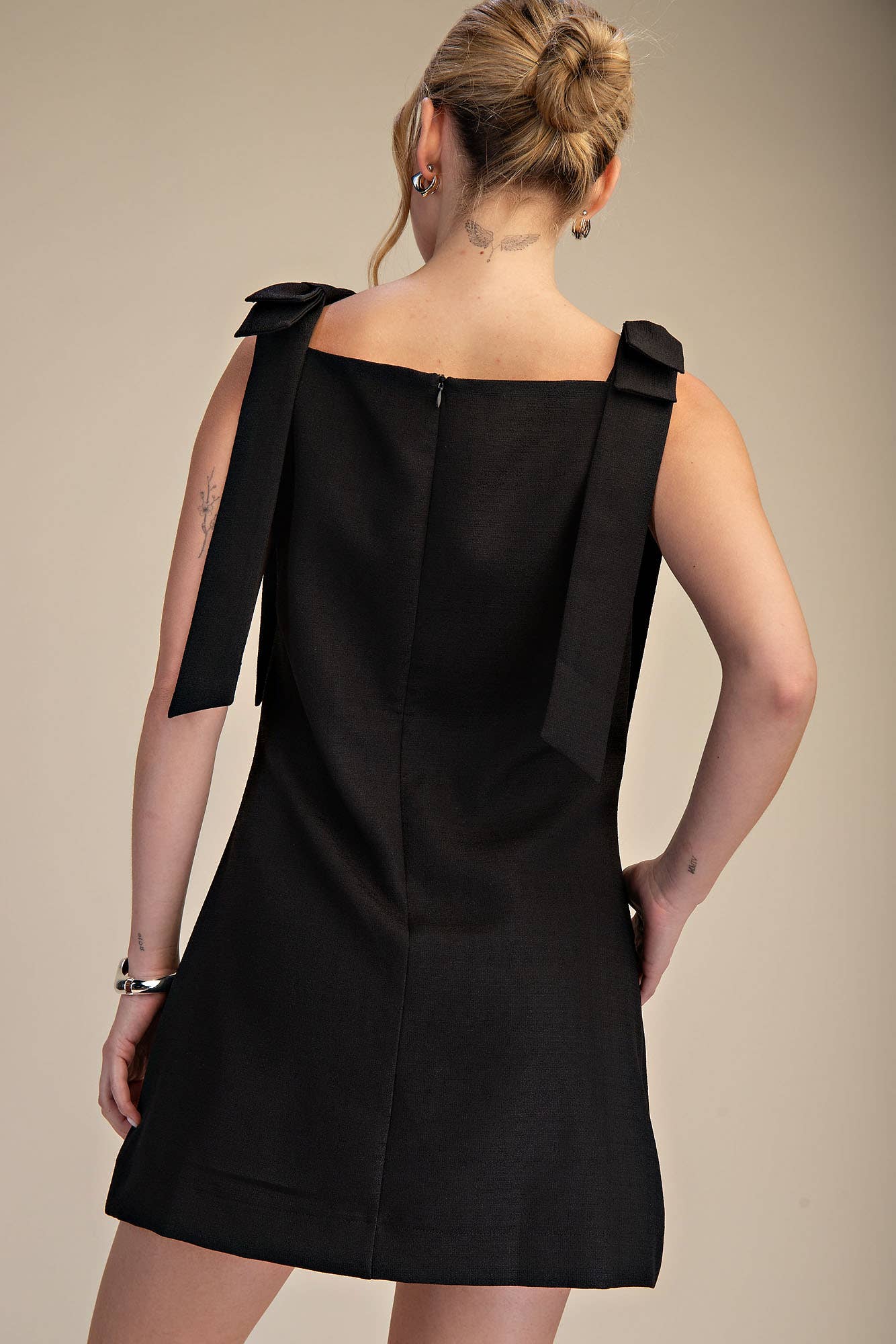 Straight Neckline Bow Mini Dress