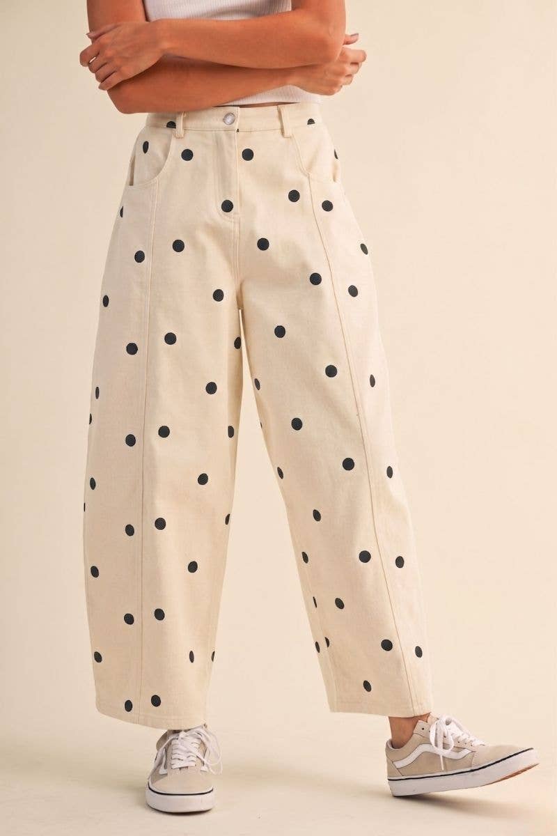 IP1390-C  POLKADOT STRETCH TWILL MID WAIST BARREL PANTS