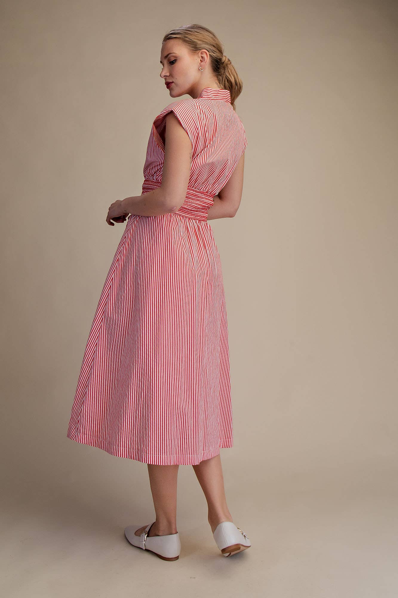 V-Neck Front Zip Waist Smocked Casual Midi Dress