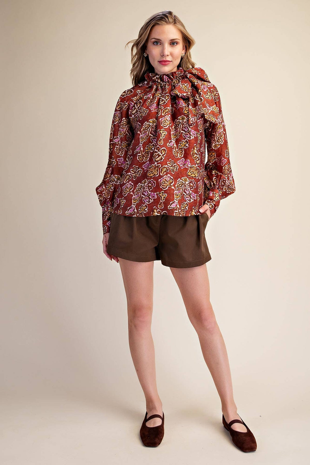 Ruffle Tie Neck Long Sleeve Print Blouse