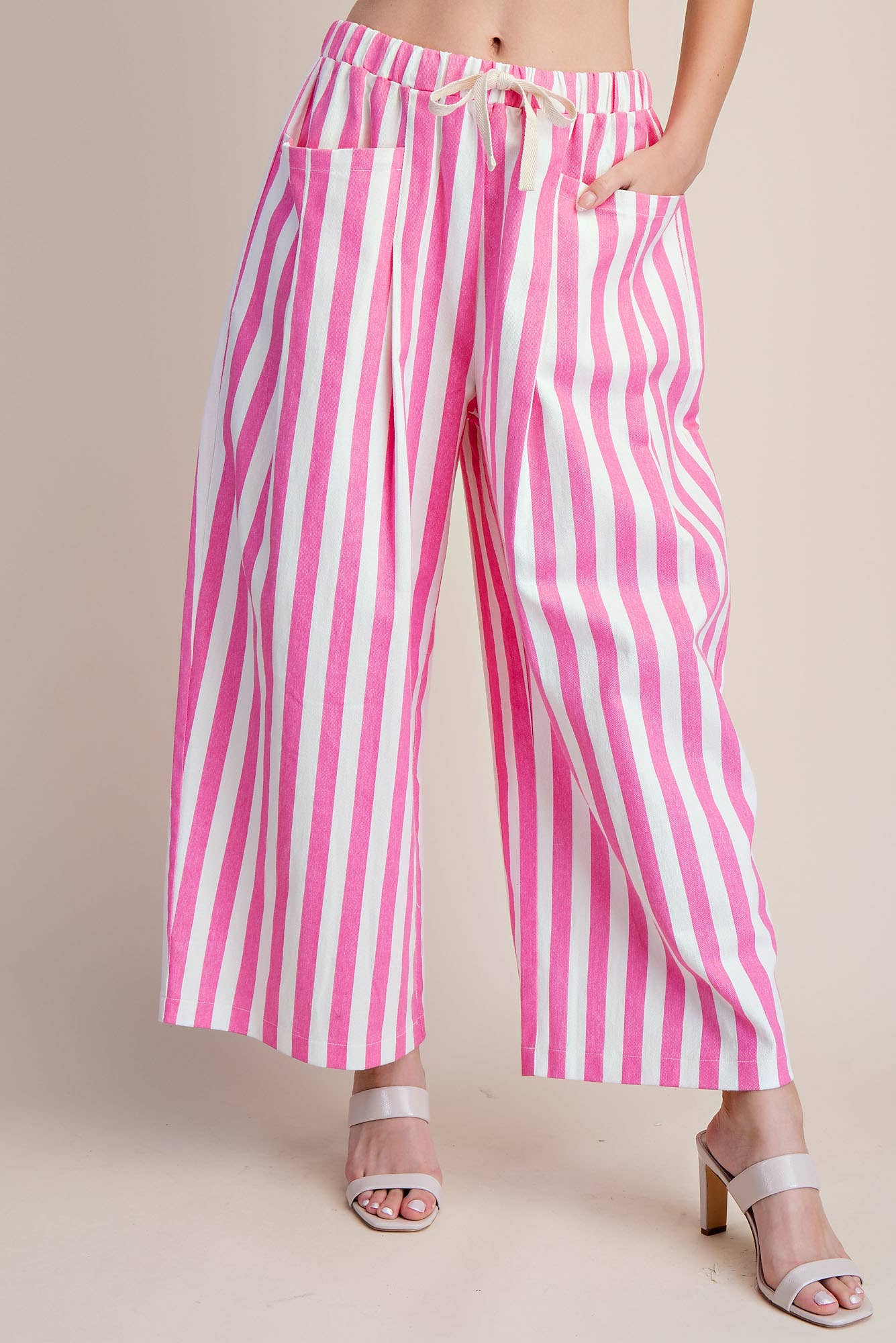 Stripe Wide Pants With Elastic Band Drawstring and Pockets