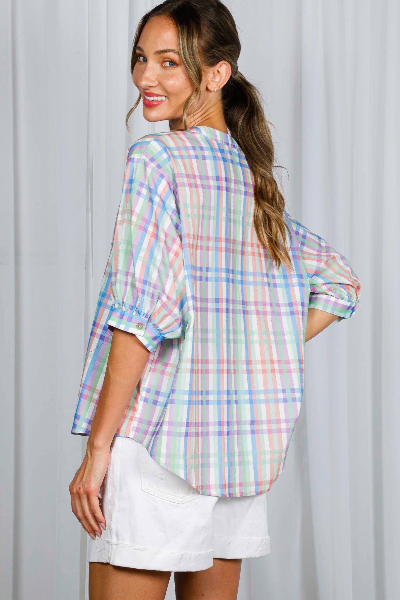 V-Neck Half Puff Sleeve Plaid 100%Cotton Blouse VT81945K