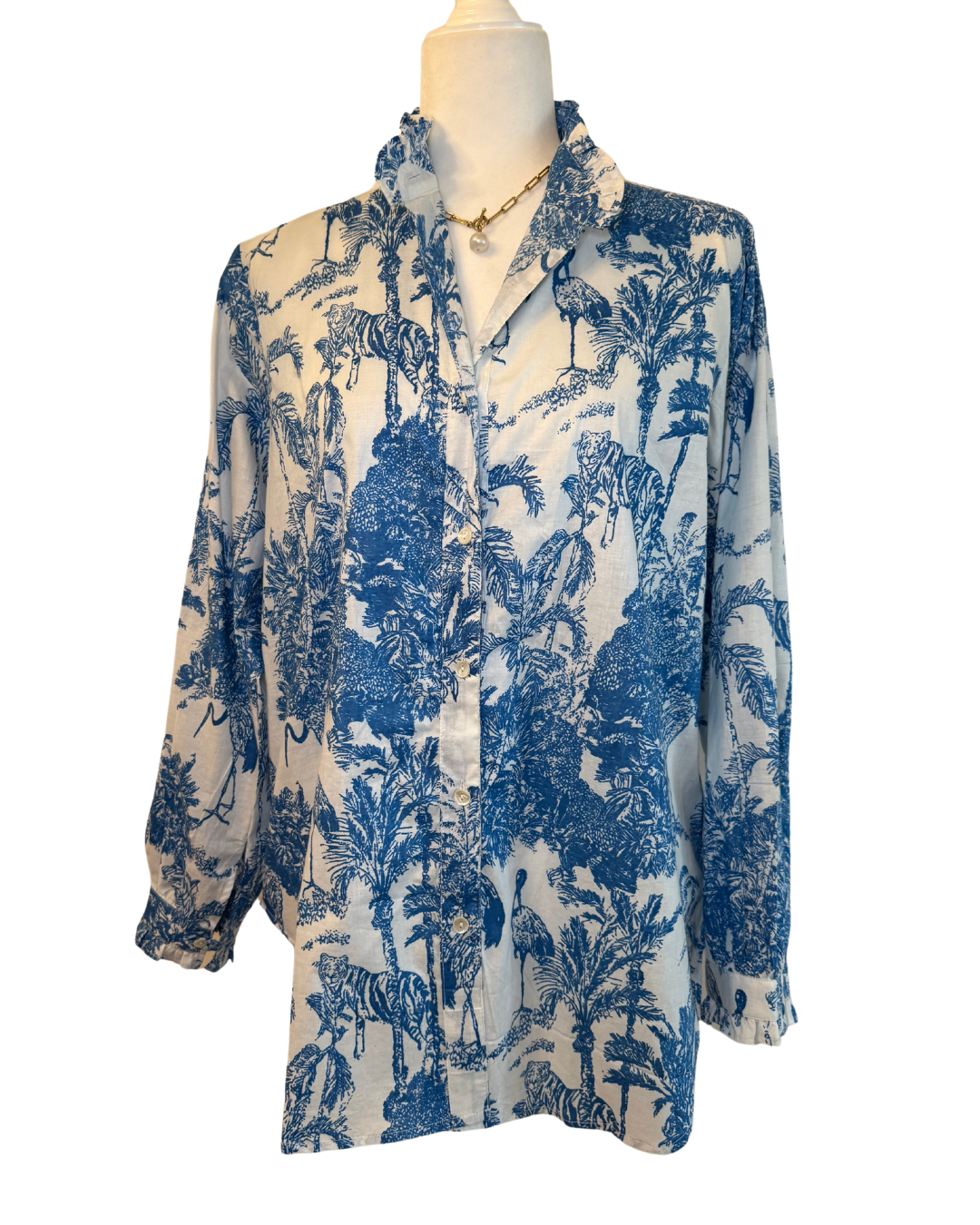 Jungle Toile Block Print Ruffled Collared Blouse