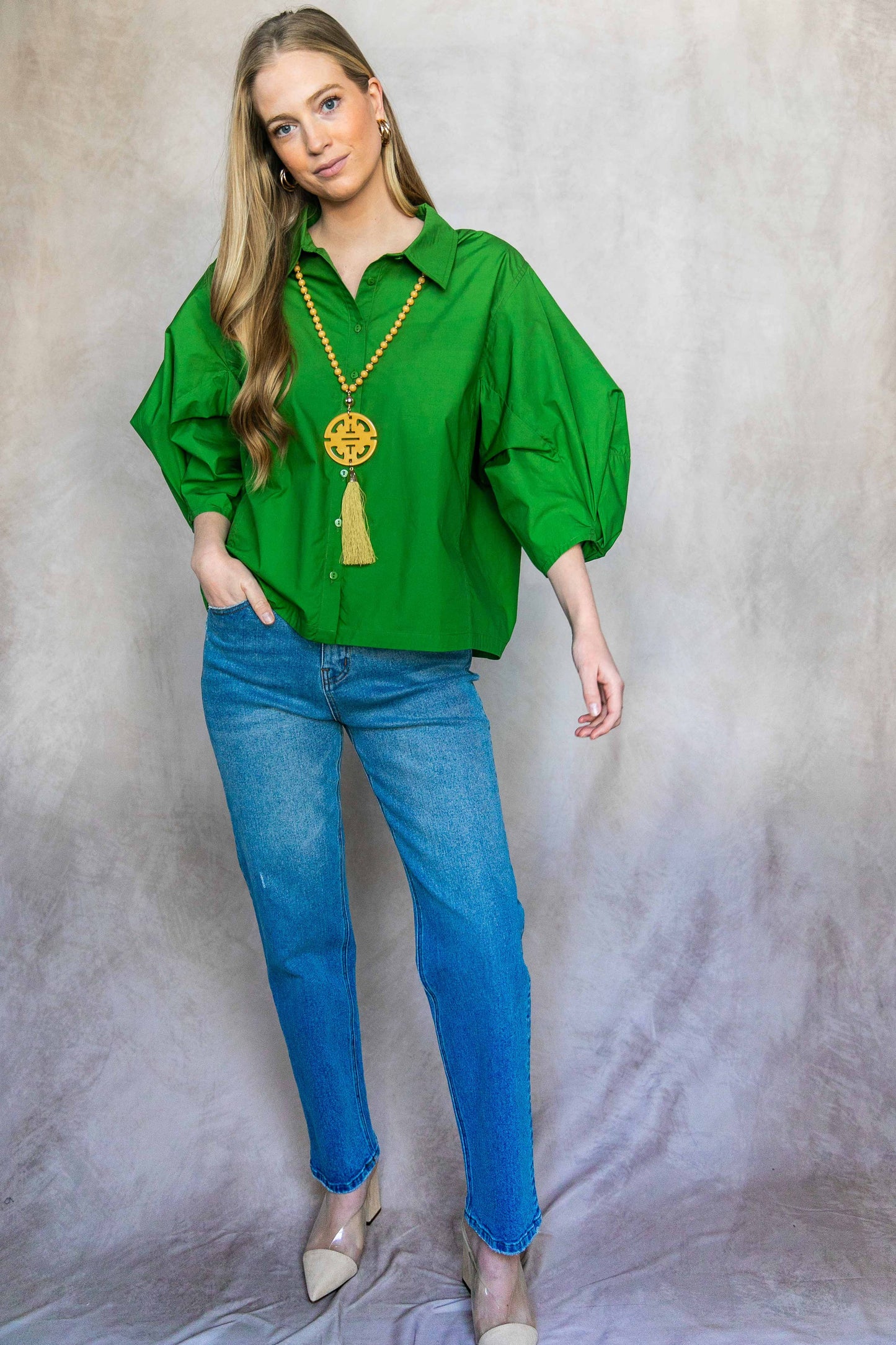 Poplin Bishop Sleeve Button Up Shirt