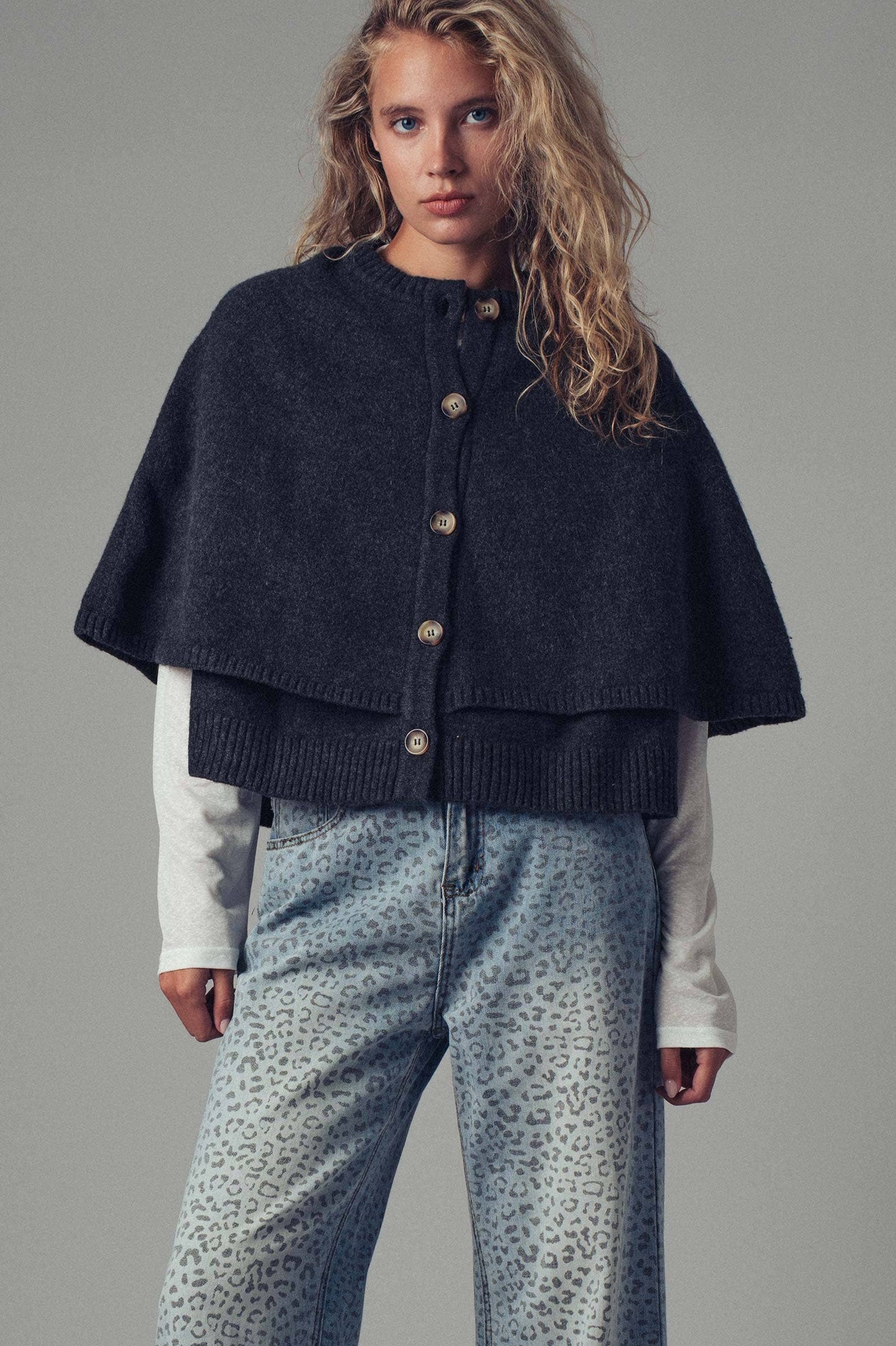 Chic Button-Front Wool Sweater Cape Layer