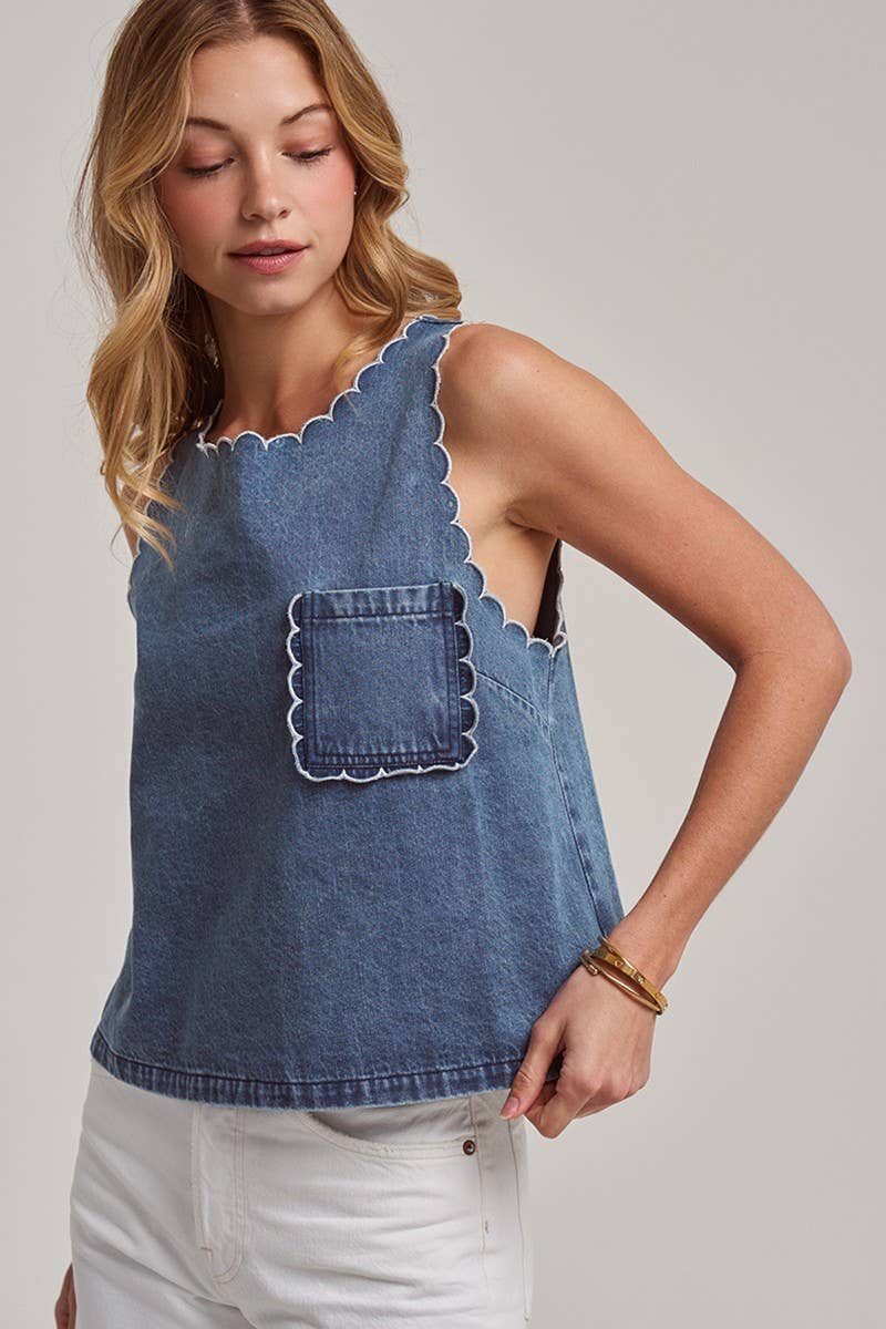 WASHED DENIM SLEEVELESS TOP WITH SCALLOPED EDGE DETAIL