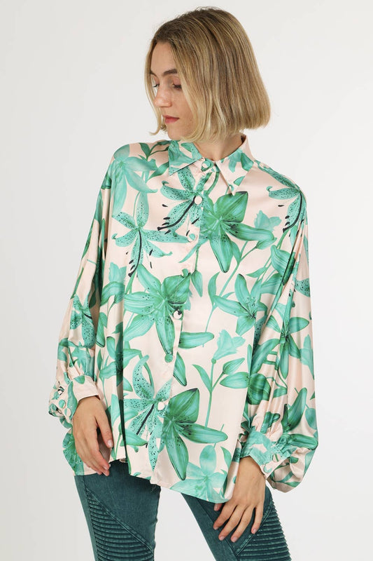 Contrast Botanic Printed Satin Blouse QC2177