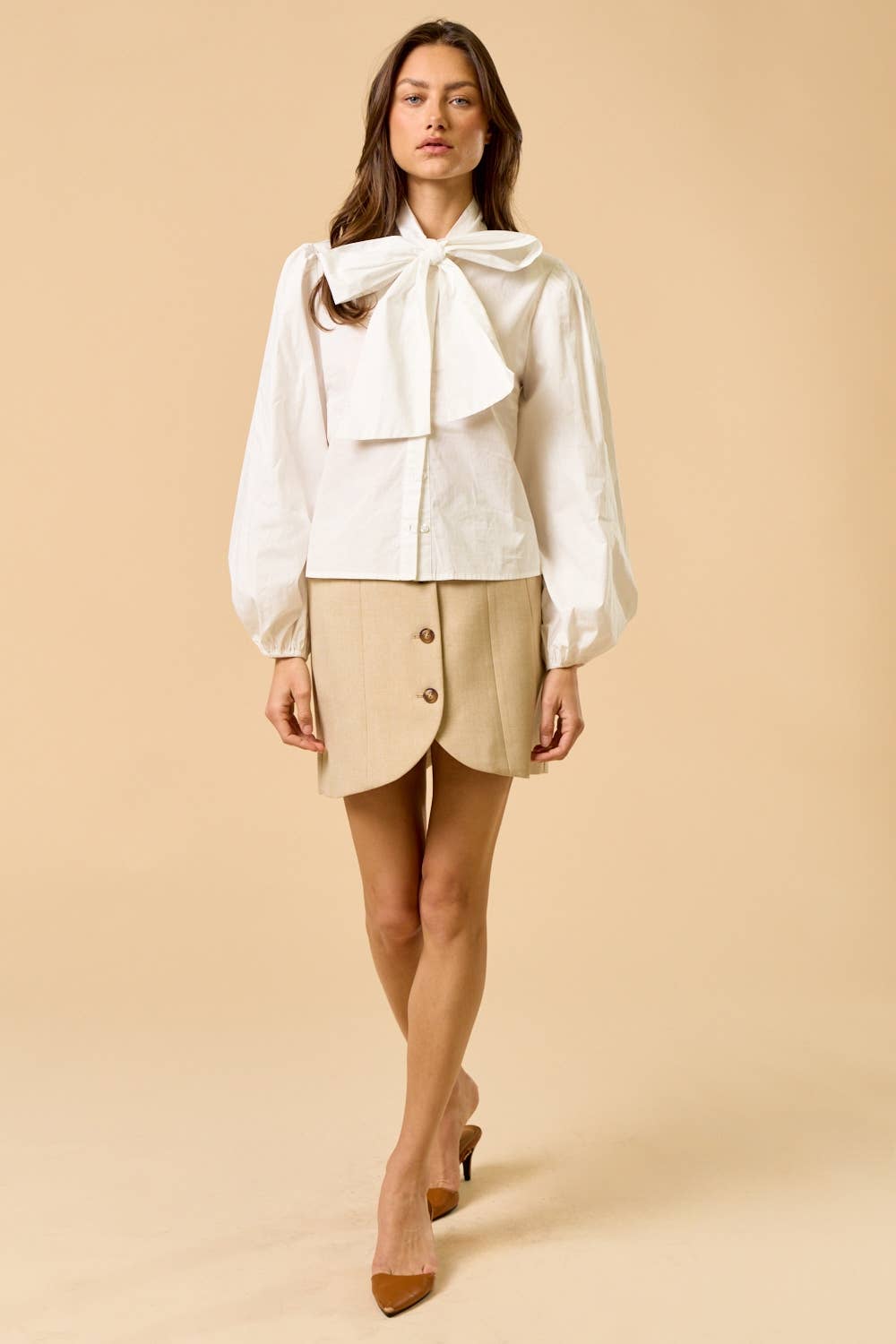 ILT6233 Ribbon-Tie Button Down Top with Puff Sleeves