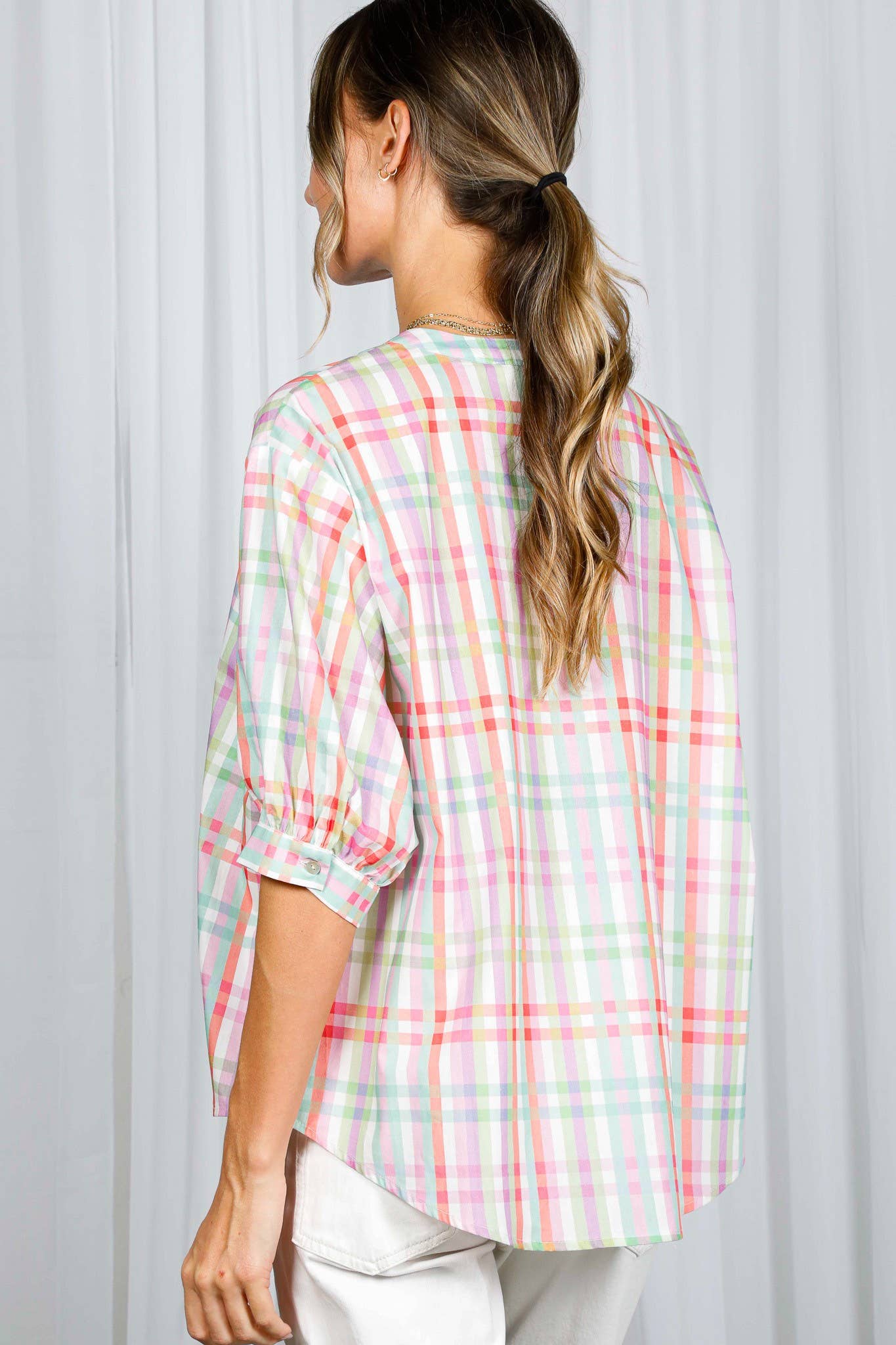 V-Neck Half Puff Sleeve Plaid 100%Cotton Blouse VT81945K
