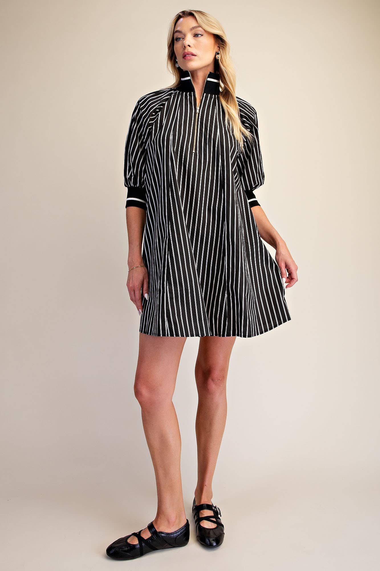 Mock Neck Band Half Zip Stripe Mini Dress