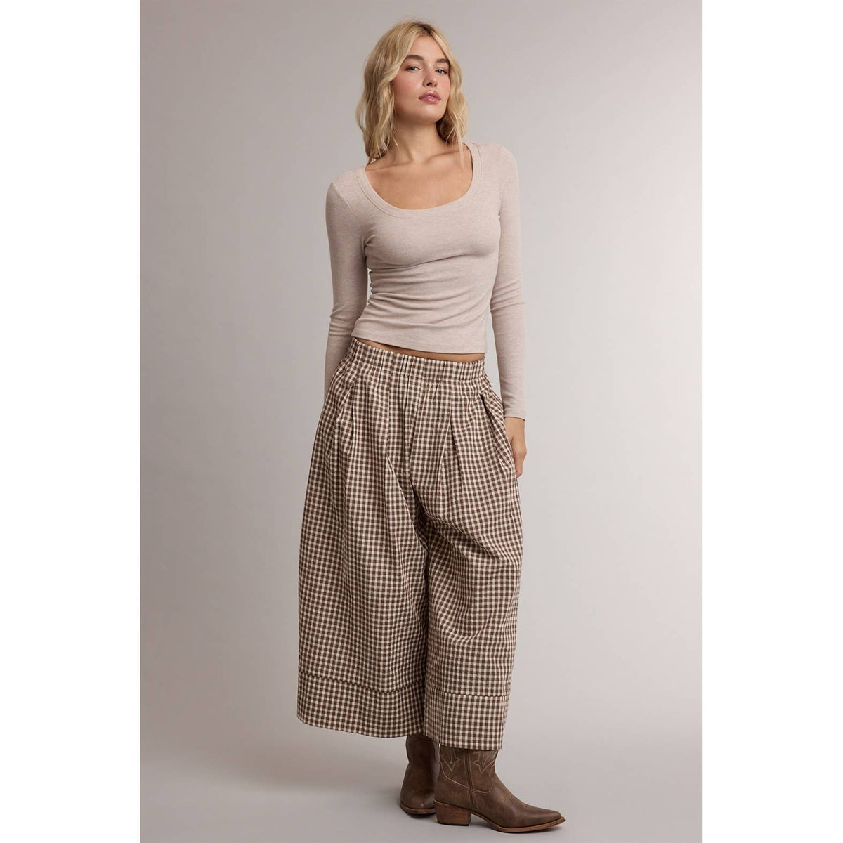 GINGHAM WIDE LEG PULL ON PANTS / WL26-14080