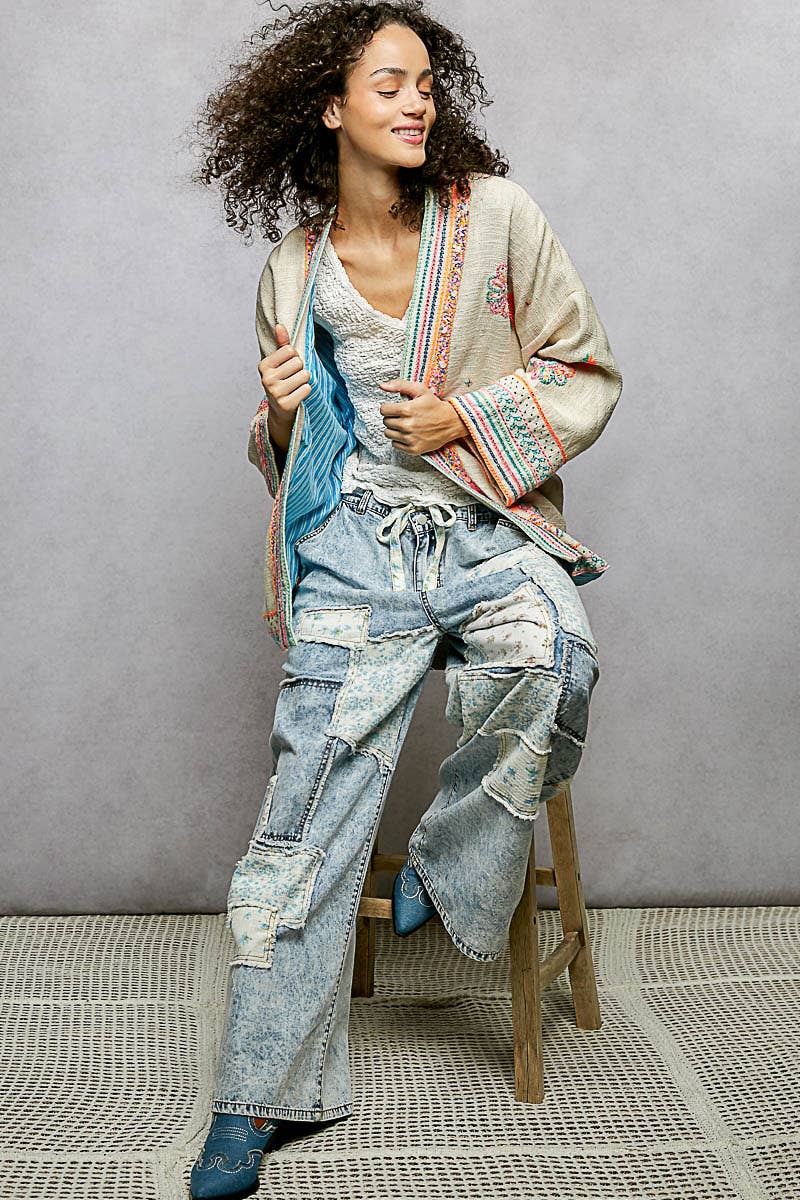 Long Sleeve Kimono Spangle Embroidered Open Cardigan