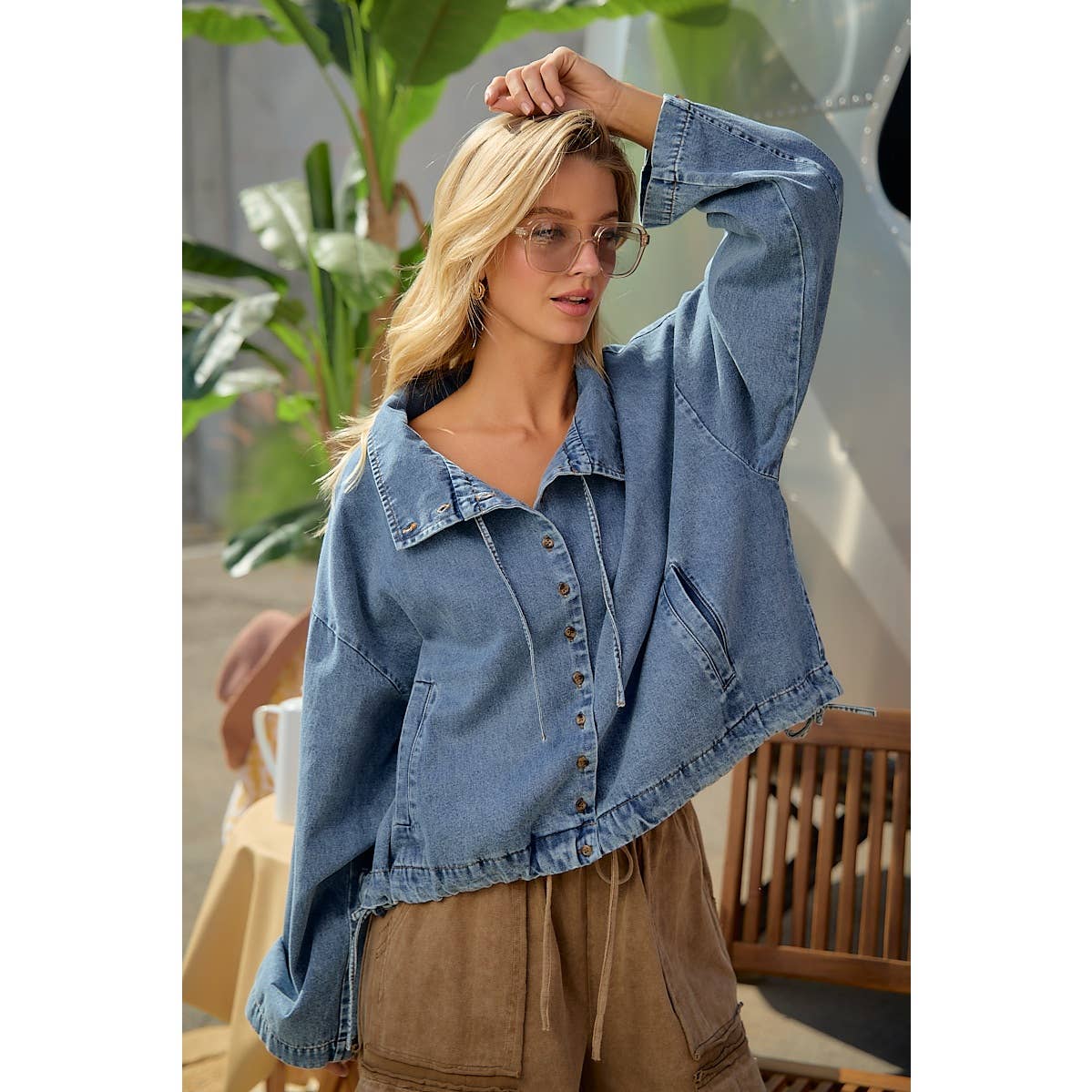 LIGHTWEIGHT WASHED DENIM DRAWSTRING HEM JACKET
