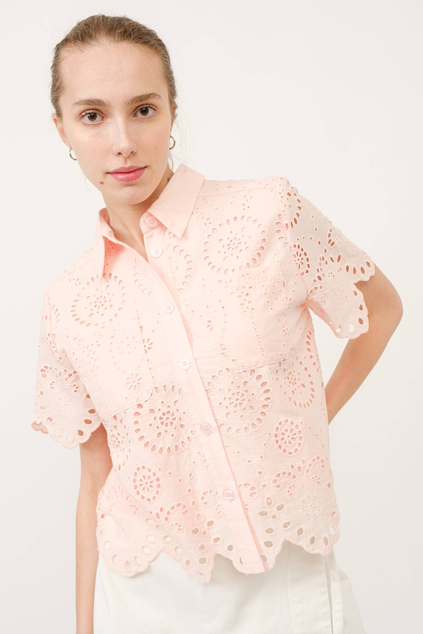 MAT2738 SCALLOP EGDE LACE BUTTON DOWN SHIRTS