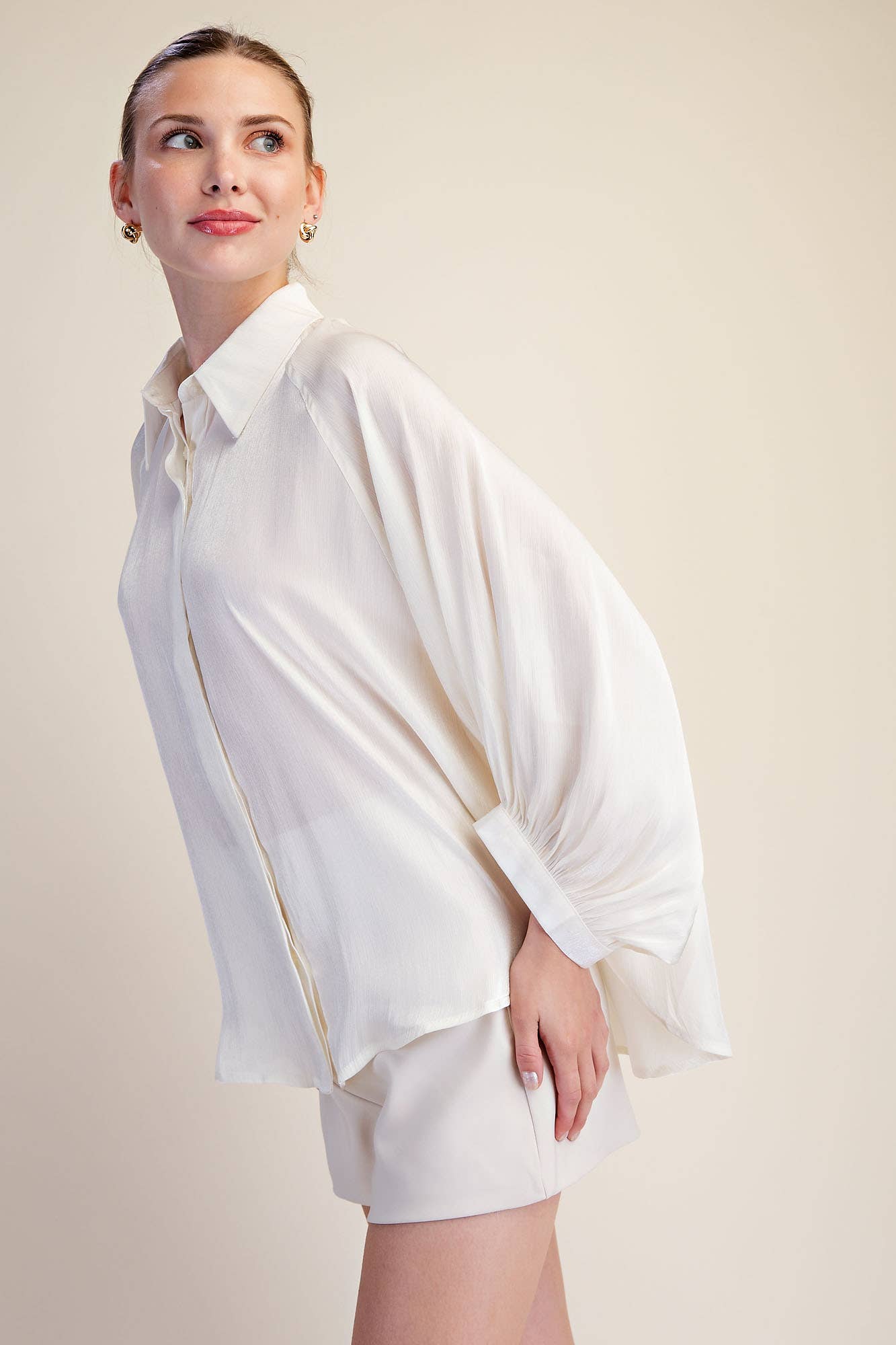 Metallic Oversized Button Down Long Sleeve Shirt Blouse