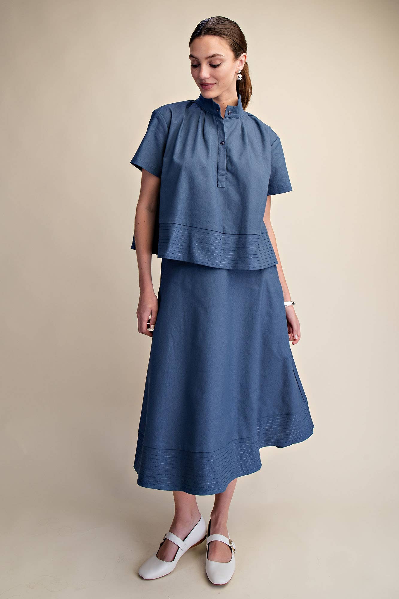 Stand Collar Short Sleeve Stitch Detail Shirt