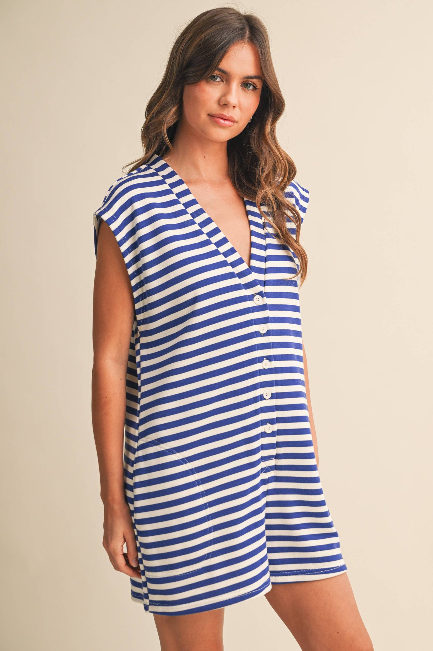 IR2384  SHORT SLEEVE STRIPED BUTTON DOWN ROMPER