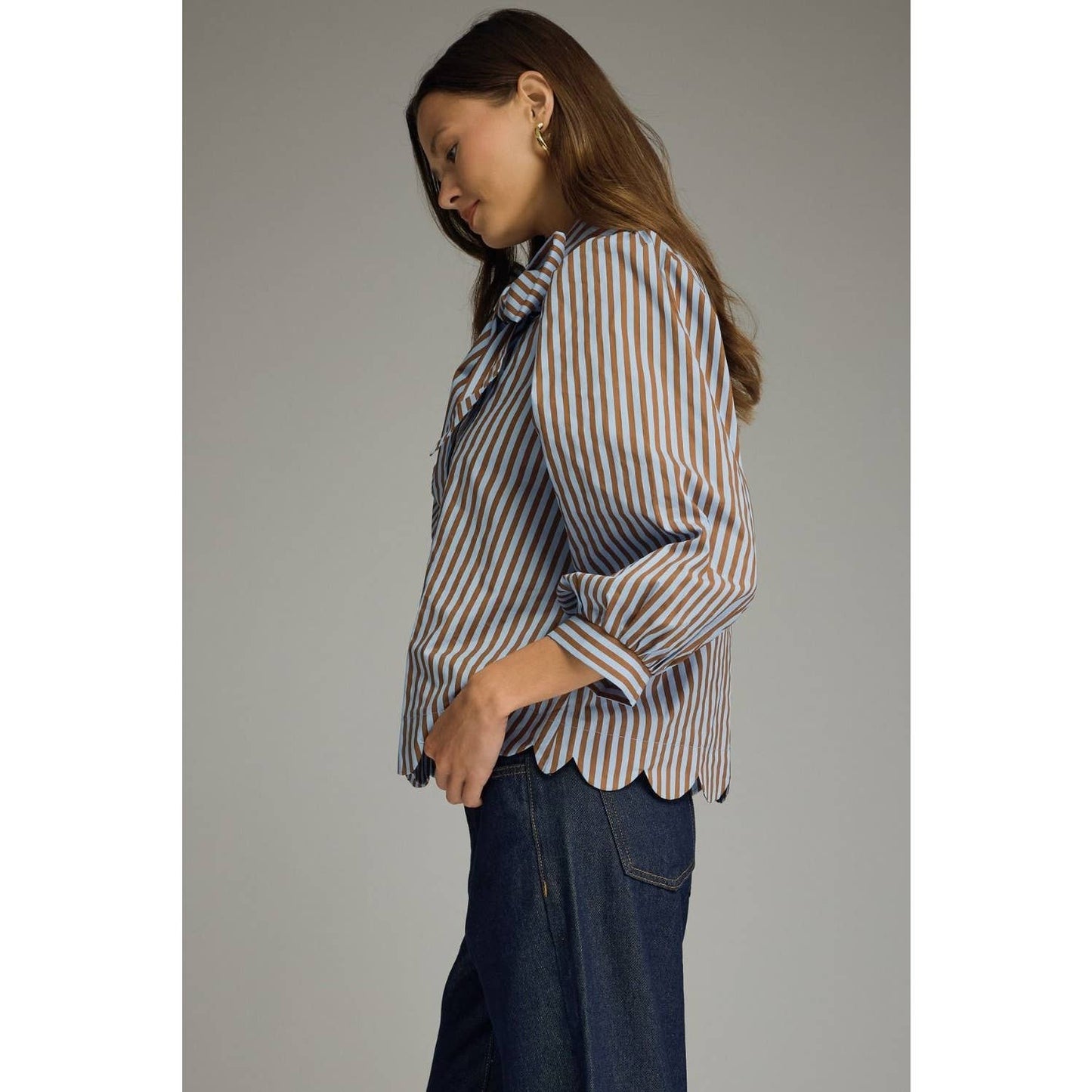 NEW Stripe self-tie neck 3/4 puff sleeve top
