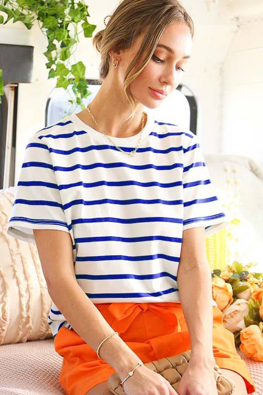 Striped Cotton Crew Neck Short-Sleeve Knit Top VT81439