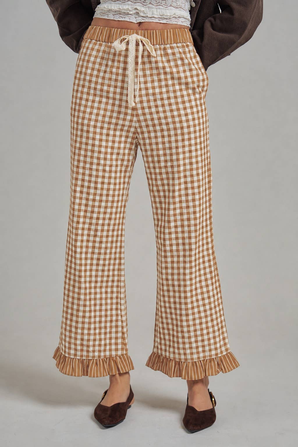 GINGHAM CHECK ELASTIC WAIST PANTS WITH LACE DRASTRING